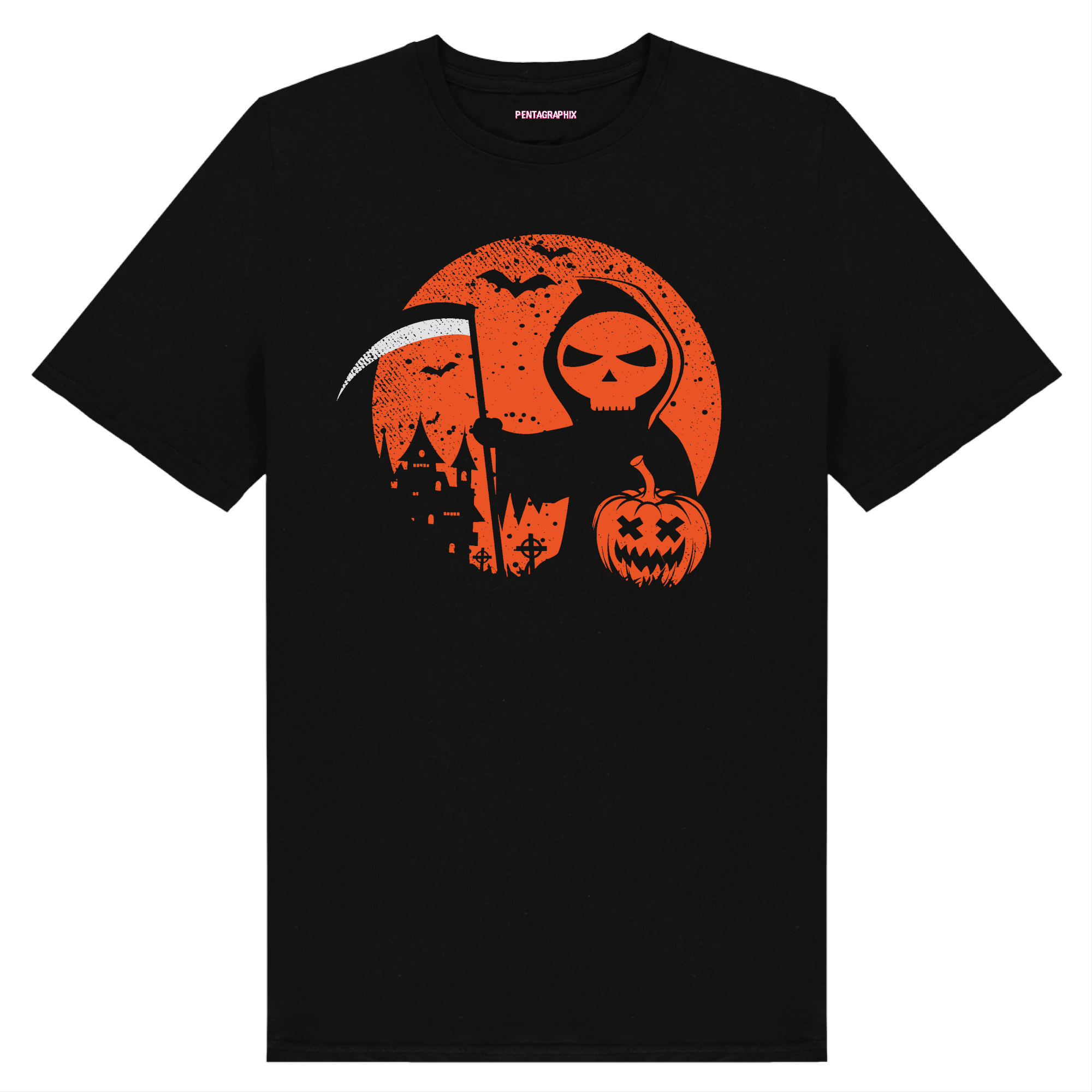 Youth black t-shirt with a graphic print of a grim reaper, a pumpkin, and decorative orange textures on a spooky theme background.