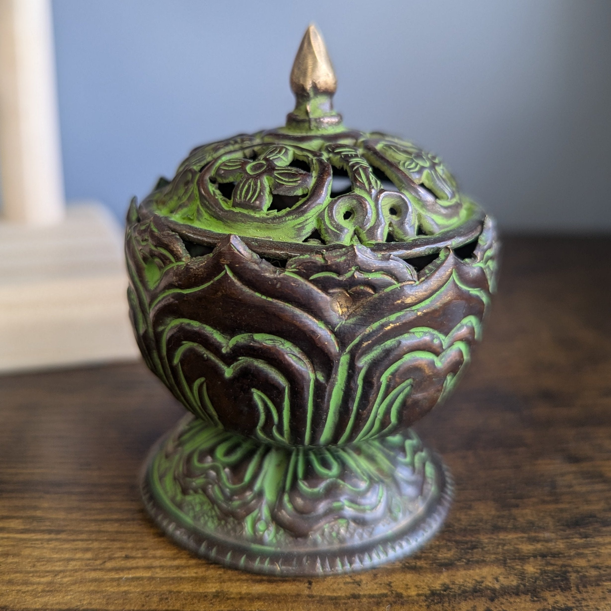 Brass Verdigris Tibetan Incense Burner - Small Lotus