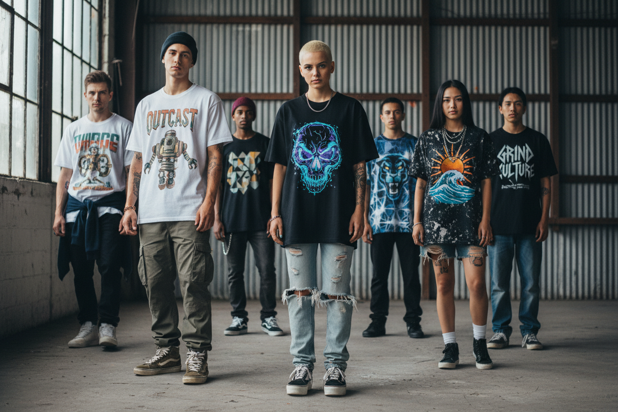 photograph of a group of young adults wearing t shirts with images printed on them. The people are standing next to each other with their arms by their sides, some are closer to the front of the frame and some are further back. Minimalist/industrial setting, with alternative / skater styling and aesthetics
