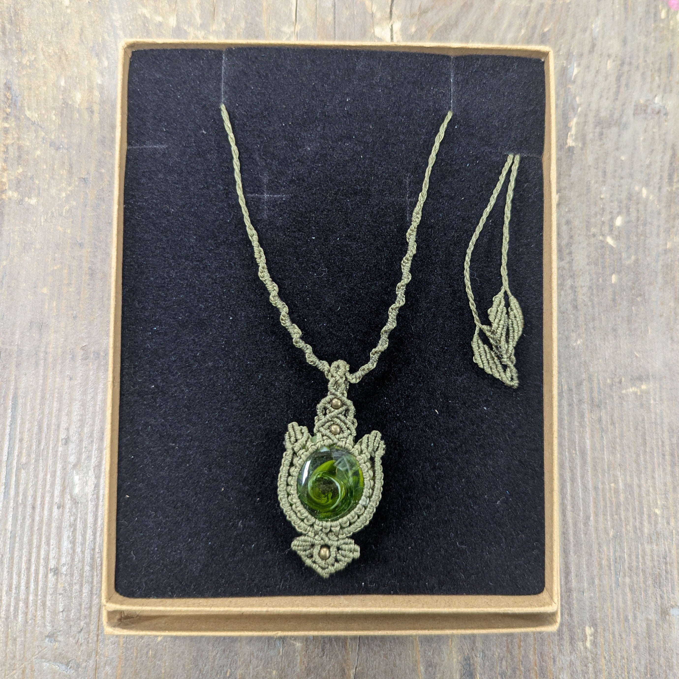 Hand Made Green Glass Macramé Braided Necklace