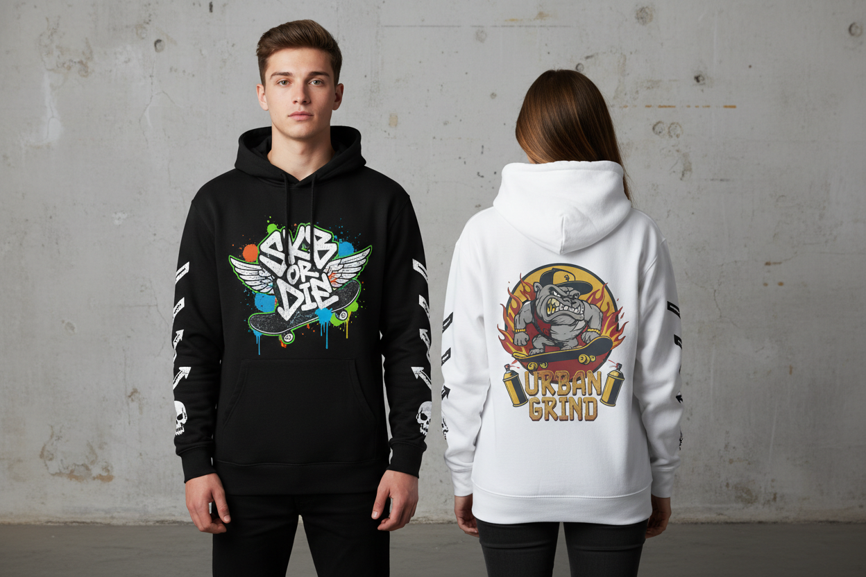 repeat this image but change the hoodies so that they don't have all-over prints or tie-dye appearance. Make them black and white, with skater style decals printed on them