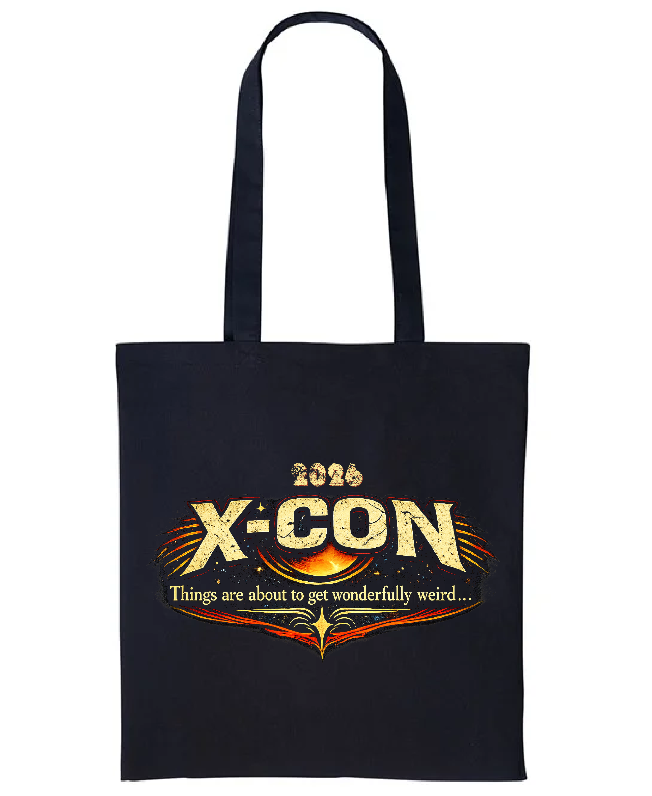 Black tote bag with 'X-Con' graphic design on both sides