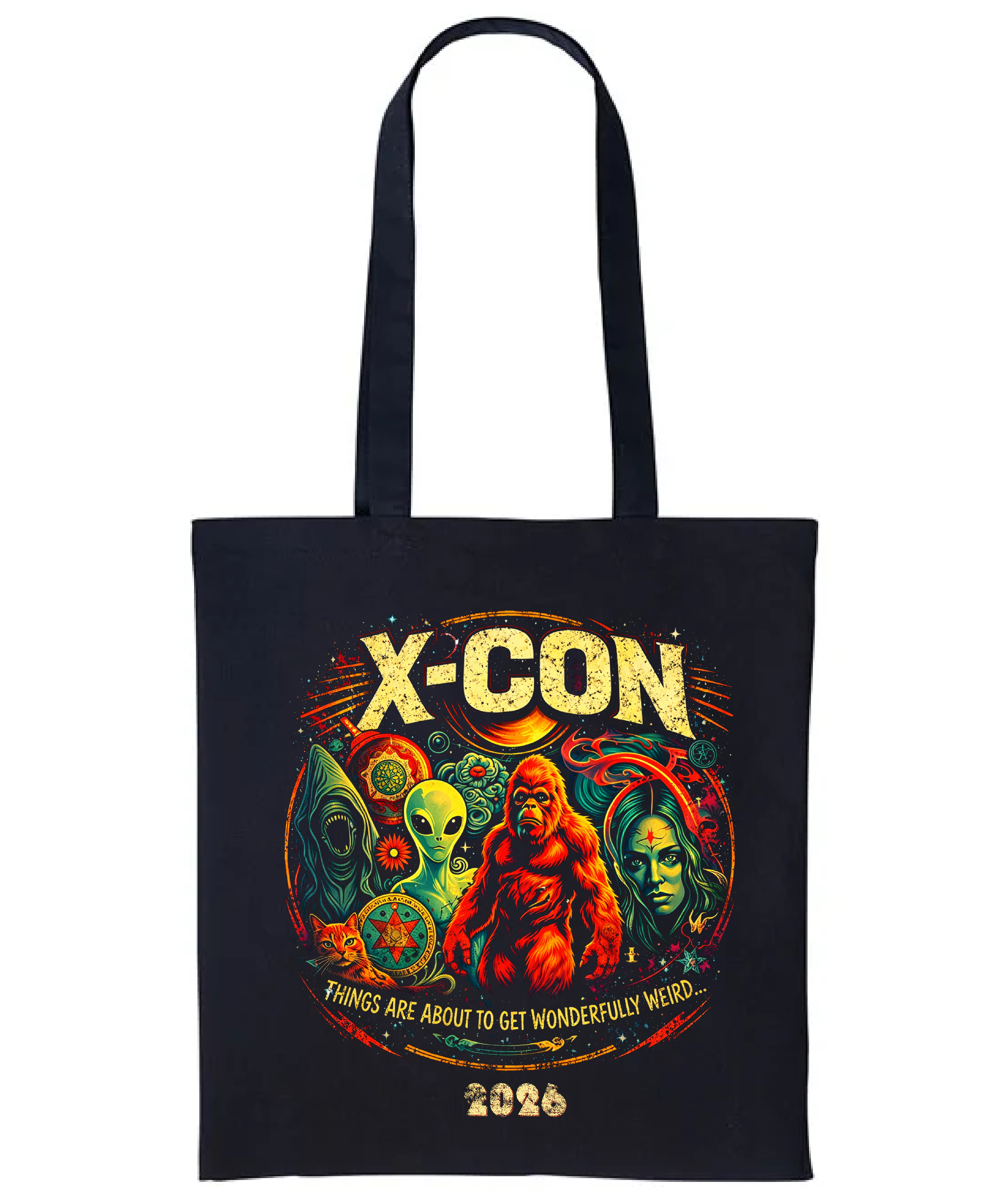 Black tote bag with 'X-Con' graphic design on a white background