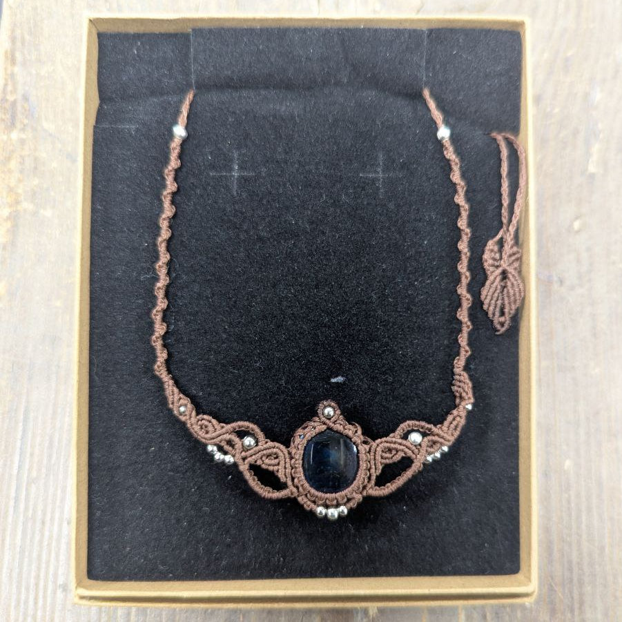 Hand Made Set Glass Brown Macramé Braided Necklace