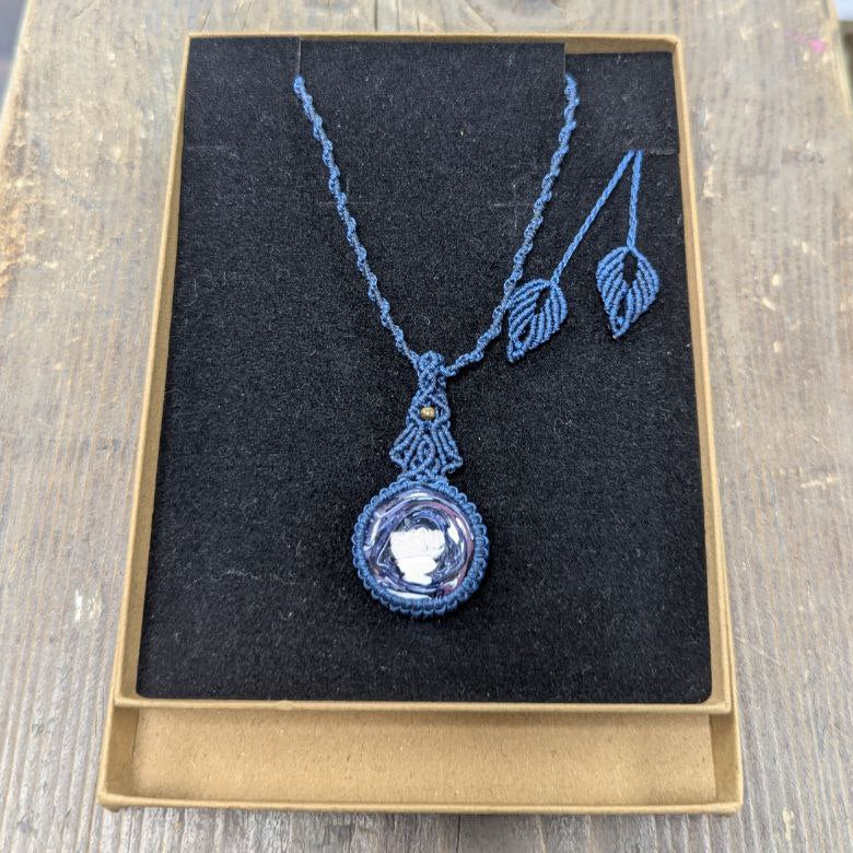 Hand Made Set Glass Blue Macramé Braided Necklace