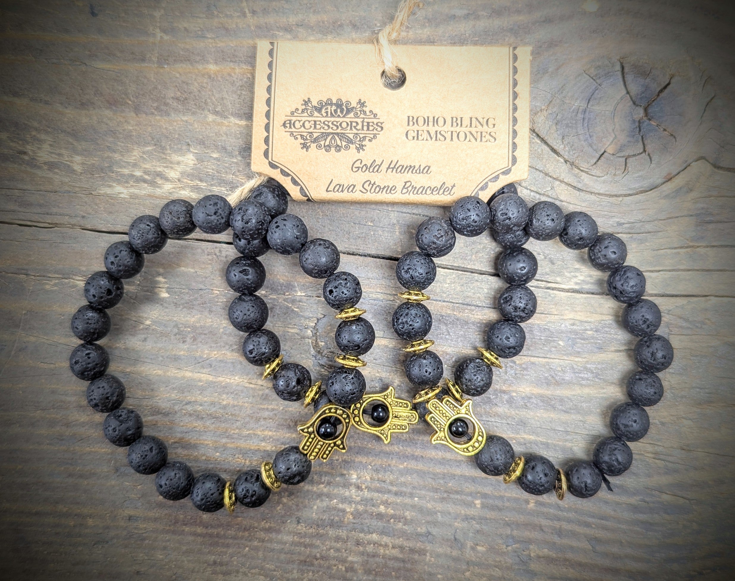 Gold Hamsa / Lava Stone - Gemstone Bracelet